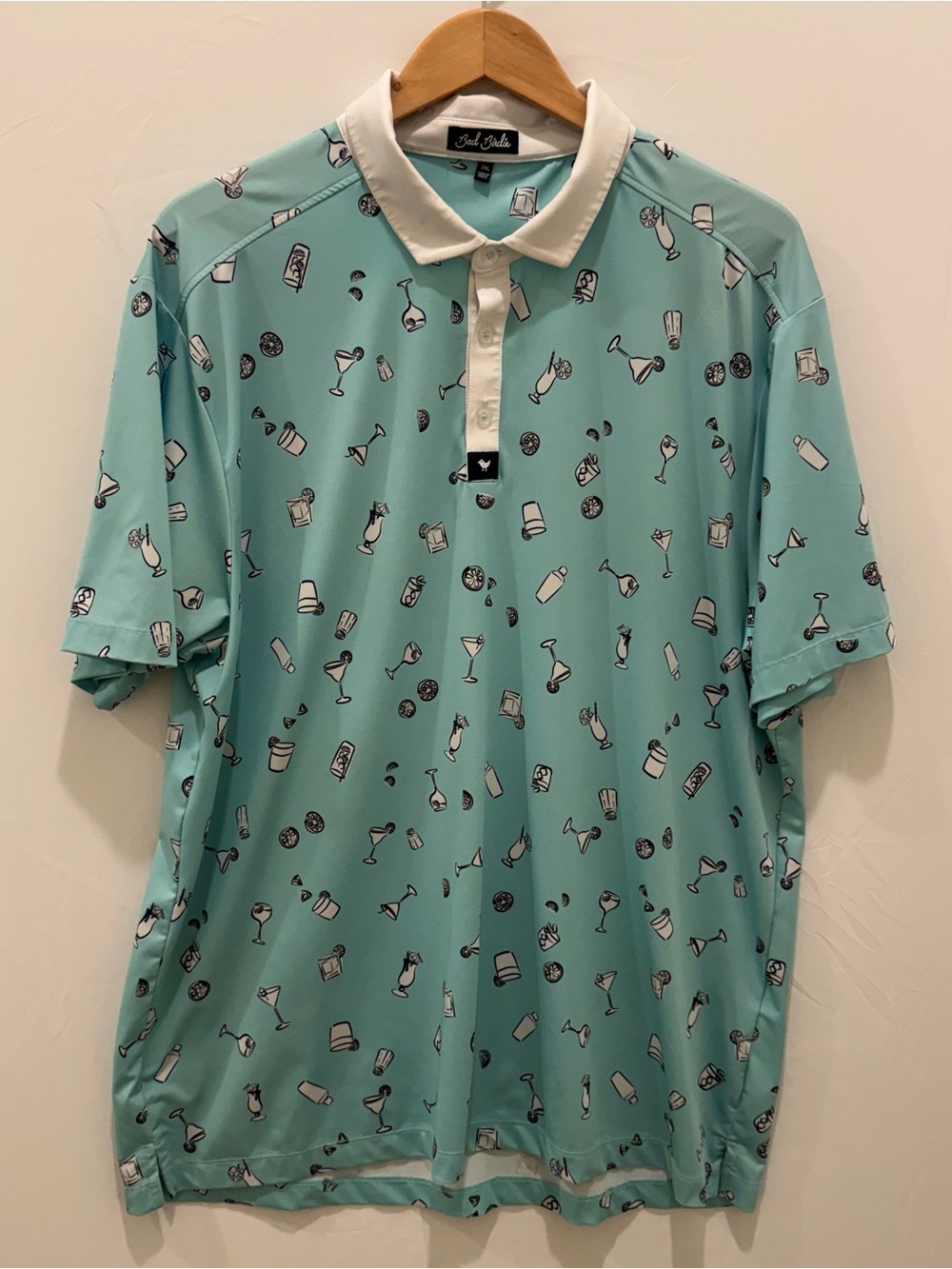 Bad Birdie Mens 2XL Aqua Blue Cocktail Drinks Novelty Print Golf Polo Shirt